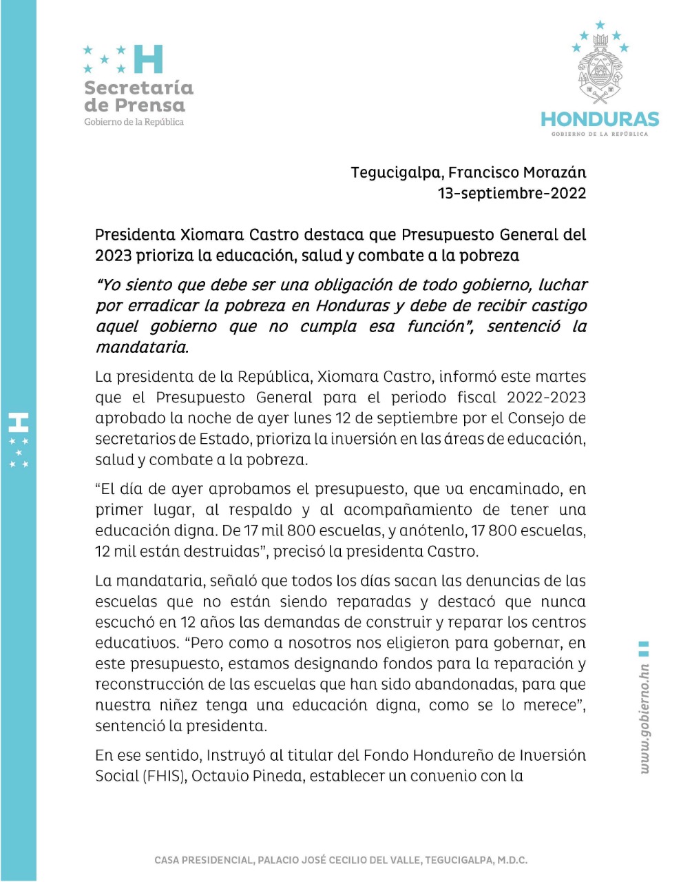 Presidenta de Honduras Xiomara Castro y Director de la FAO Qu Dongyu acuerdan trabajar en las iniciativas propuestas para la refundación del sistema agroalimentario del país.